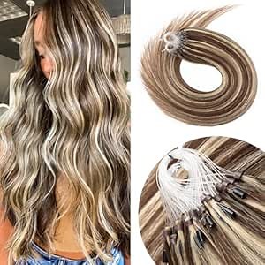 Senmy Micro Ring Human Hair Extensions 16inch Brown Mix with Blonde Micro Loop Hair Extensions Real Human Hair 1g/strand 50g Microbead Hair Extensions Human Hair For Black Women