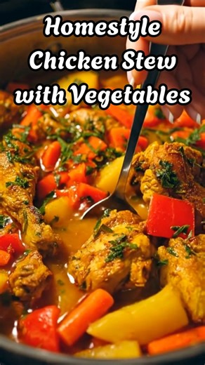 Homestyle Chicken Stew with Vegetables 🍗🥕🥔 This Homestyle Chicken Stew is warm, hearty, and bursting with tender chicken, potatoes, carrots, and bell peppers simmered in a savory broth. Perfect for cozy dinners or when you crave something comforting and satisfying! Ingredients: 2 tbsp olive oil 1 ½ lbs chicken thighs or drumsticks 1 onion, chopped 3 garlic cloves, minced 3 carrots, chopped 2 potatoes, peeled and cubed 1 red bell pepper, chopped 1 tsp paprika 1 tsp turmeric (optional for color