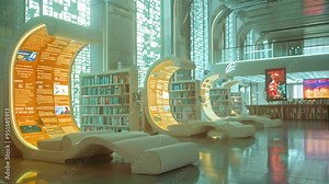 A futuristic library with holographic displays and a large window overlooking a city, A futuristic library filled with holographic displays of knowledge