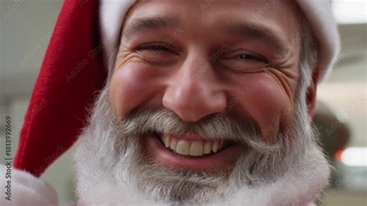Santa Claus proudly showing his healthy smile after a dentist visit. A perfect positive result video for dental ads.