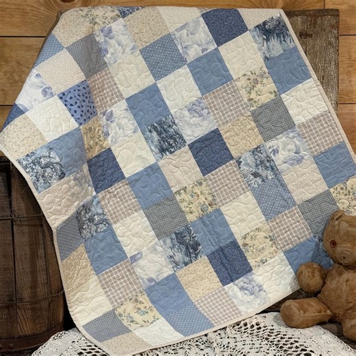 Baby Quilt: Dusty Blue Cream Cotton Farmhouse Throw, Cottagecore, Homestead Patchwork - Etsy