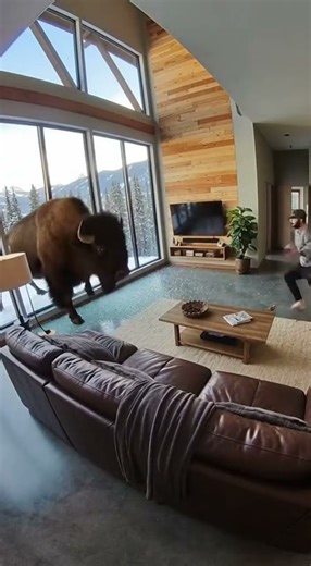 Bison Crashes Through Glass Wall Into Living Room