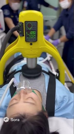 救急車内で女性に自動心臓マッサージ CPR woman girl AED Japanese