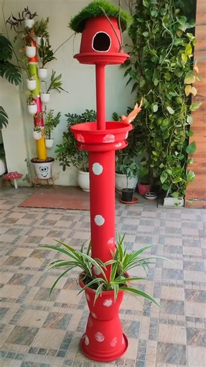 DIY Birdbath& Birdhouse from planters and PVC pipe budget friendly#garden decor#ideas #homedecor #👍🏻