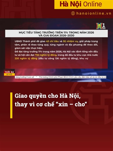Giao quyền cho Hà Nội, thay vì cơ chế “xin – cho”. Tại cuộc làm việc, lãnh đạo các bộ ngành, lãnh đạo Quốc hội và Chính phủ đã phân tích các định hướng chiến lược để Hà Nội xây dựng quy hoạch Thủ đô tầm nhìn 100 năm gắn với hoàn thiện thể chế đáp ứng yêu cầu và mô hình phát triển kinh tế xã hội dựa trên khoa học công nghệ, đổi mới sáng tạo, chuyển đối số gắn với giải pháp chiến lược thúc đẩy tăng trưởng hai con số. #hanoionline #daihanoi #tintuc