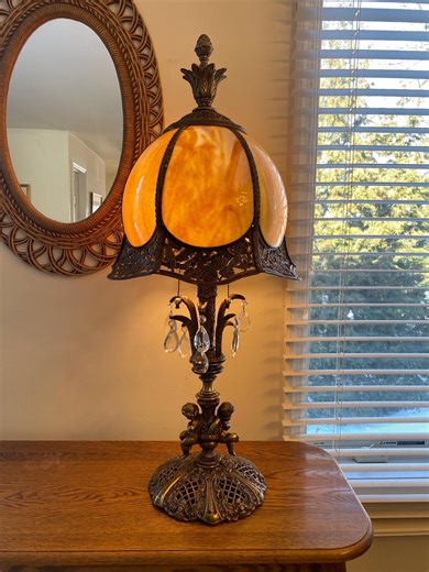 Antique 2-light Lamp With Miller Slag Glass Scenic Overlay Shade Please Read - Etsy