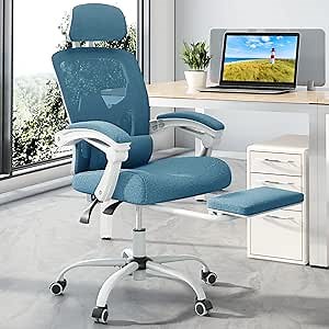 SMUG Office Reclining High Back Desk, Ergonomic Home Mesh, Tilt and Lock,Computer Swivel Task Chair with Lumbar Support Pillow,Adjustable Headrest,Retractable Footrest and Padded Armrests, Blue