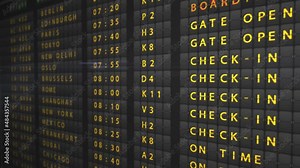Flight departure board at the airport with information about the status of flights to different destinations in the world. Flight information changed to canceled due to an accident or bad weather