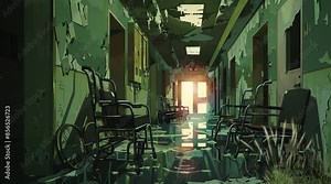 digital illustration of abandoned hospital, hallway in hospital with gurney bed and wheel chair. footage animation background 4k