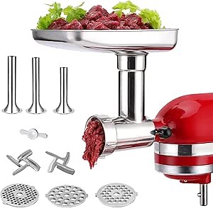 Stainless Steel Food Grinder Attachment for KitchenAid Mixers, Dishwasher Safe Meat Processor Accessories Included 3 Sausage Stuffer Tubes