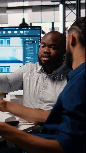 Vertical Video Engineer and designer working together on real estate interior design, using software for professional layout and structure. Creating master plans and reviewing construction blueprints