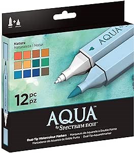 Spectrum Noir Aqua Artist's Water Based Dual Nib Marker Coloring Pens, Nature, Pack of 12,Blue