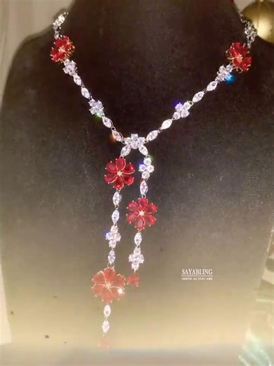 Sayabling 42ctw White Sapphire and Ruby Flower Statement Necklace