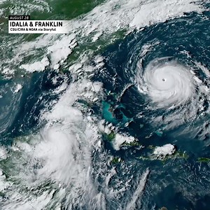 3K views · 127 reactions | Satellite imagery shows Hurricanes Idalia & Franklin simultaneously spinning off the coast of the United States. | AccuWeather | Facebook