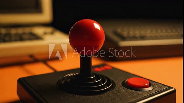 Vintage joystick and retro computer setup on an orange desk, capturing the nostalgic essence of 80s and 90s classic arcade gaming culture in a warm indoor setting.