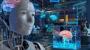 A futuristic lab featuring a robot and a brain display, emphasizing neuroscience and technology.