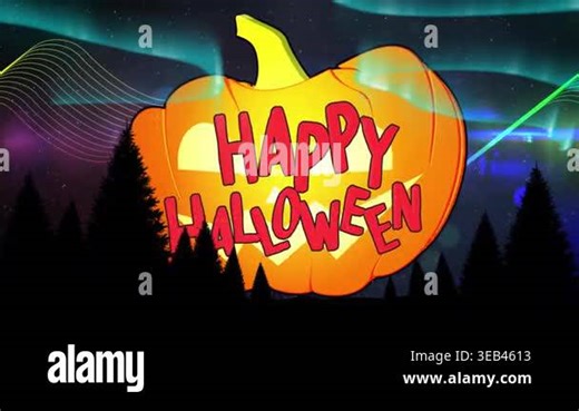 Glowing jack-o'-lantern with Happy Halloween animation over night sky and trees. spooky, pumpkin, celebration, autumn, festive, haunting
