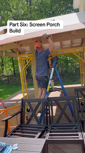Part 6 of My Screen Porch Build - @Huber Engineered Woods zip sheathing is being installed over the PVC nickel gap. I let the sheathing and the PVC overhang the gable end, snapped a line, and trimmed off the excess. I also had cut the rough openings for the @veluxusa skylights in the PVC so I was able to take a flush cut router bit with end bearing and cut out the rough openings in the sheathing. I taped and rolled all the seams in the sheathing, added a drip edge around the entire perimeter of