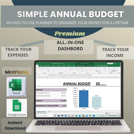 Feuille de calcul budgétaire annuelle simple Excel | Feuilles de calcul Google | Suivi des revenus et des dépenses | Planificateur de finances personnelles - Etsy France