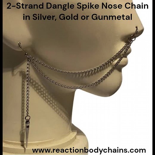 2-Strand Dangle Spike Nose to Ear Chain in Silver, Gold or Gunmetal @ Reaction Body Chains www.reactionbodychains.com reactionbodychains.etsy.com #jewelry #handmade #nosering #bodychain #nosetoearchain #nosechains #fyp #homemade #trending #edgy #pierced #piercing #nose #nosehoop #nosepiercing #piercednose #nosering