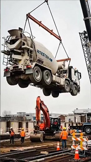 Viral! Concrete Mixer Truck Falls Hard During Crane Lift 😱🚧 #fail #construction #engineering