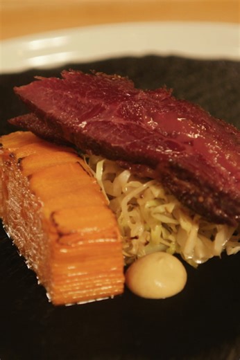 Corned beef cheeks with carrot terrine and honey vinaigrette