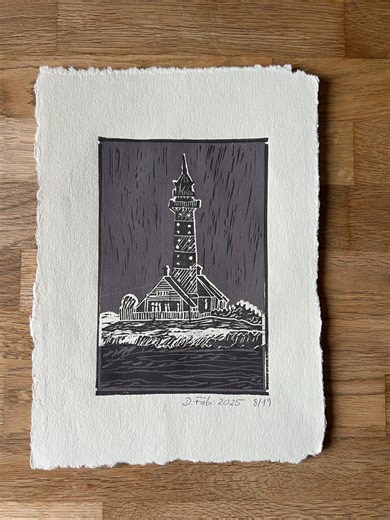 Two-color Linocut Print of a Purple Lighthouse on Beautiful Paper, August 19th of 2025. Linocut A4 Art, Original, Unique, Handmade. - Etsy