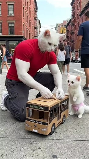 Dad Cat Plays with Cardboard Electric Bus
