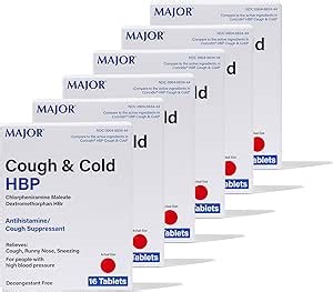 MAJOR Cough and Cold HBP Tablets - Antihistamine and Cough Suppressant for People with High Blood Pressure - Dextromethorphan HBr, Chlorpheniramine Maleate - 16 Count (6 Pack)