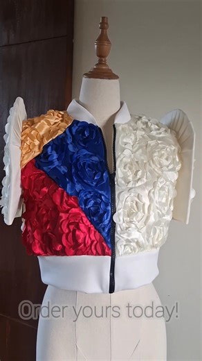 Sunshine! 🇵🇭 Cropped Bomber Jacket Bolero Filipiniana in 3D rosette fabric 📩 in our inbox! 😉 #bomberjacket #filipiniana #kultura #fashionstyle | Syala Collections