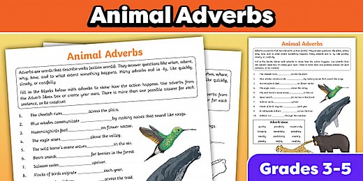Animal Adverbs Worksheet for 3rd-5th Grade