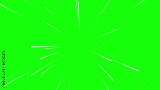 Standard anime speed lines white color on green screen. Classic fast motion burst for manga action scenes and high-speed movement. Chroma key overlay .