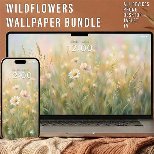 Vintage Wildflowers Wallpaper, Soft Meadow Floral Background, Dreamy Nature Wallpaper for iPhone Android Desktop Tablet & TV 4K Download