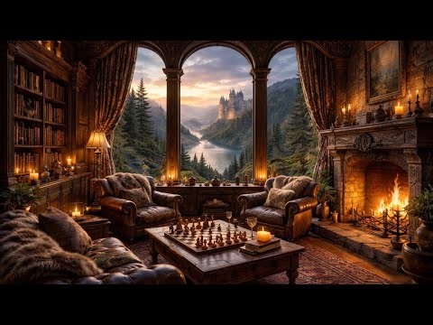 🔥🏰♟️Cozy Celtic Castle Library Ambience 4 Hours | Fireplace, Rainy View & Relaxing Study Vibes