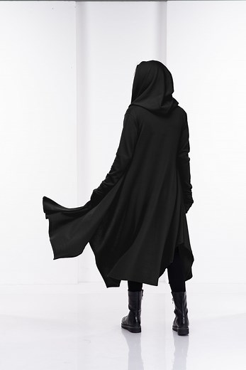 Winter Black Cloak, Hooded Gothic Cape, Long Asymmetric Coat, Womens Witch Cloak, Medieval Cloak - Etsy