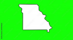 Missouri State of USA with pointer in capital Jefferson City. Animated close up map of Missouri highlighted from map of USA. Zoom showing of state for social information, news. 4K. Alpha channel.