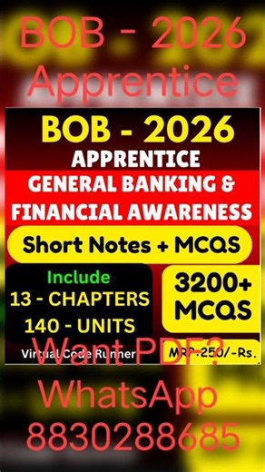 BOB Apprentice 2026 General Banking & Financial Awareness PDF Notes | BOB Apprentice Pdf Notes 2026