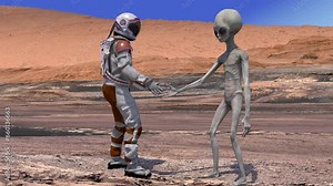 Astronaut meets a Martian alien on Mars and shakes his hand. First contact. Alien on Mars. Colonization and space exploration concept. 3d rendering. Elements of this video furnished by NASA.