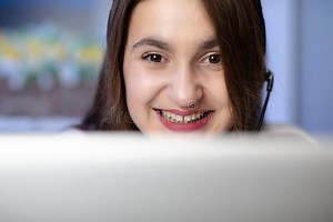Young Female Helpline Operator Secretary Make Conference Video Call. Woman Receptionist Wear Headset Consulting Customer Stock Photo - Image of consultation, office: 178560256