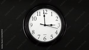 Classic Black And White Wall Clock With Black Background. Black Hands On The Clock. Timelapse. Wall Clock Face Beginning Of Time Of 3.00 Am Or Pm. 4k. ProRes.