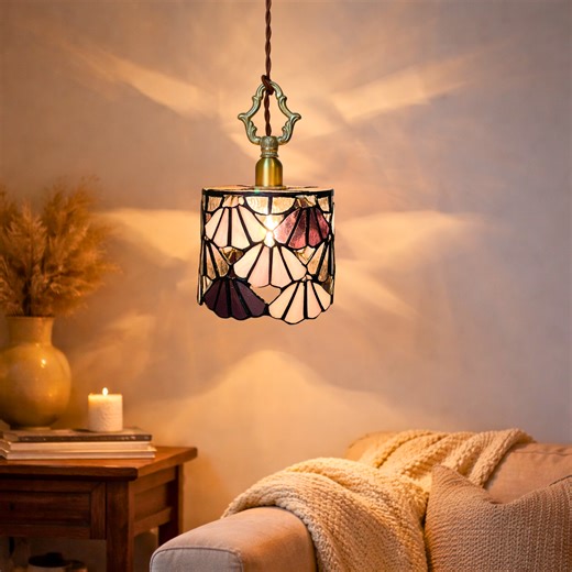 Savingget Handmade Stained Glass Pendant Light Small Pink Purple Color Brass Ceiling Lamp