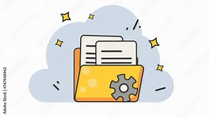 Animation of a document folder with a piece of paper and a setting button