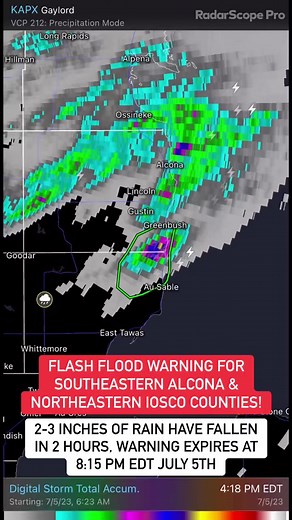1.2K views | Flash flood warning this evening near Mikado and Oscoda, MI. Over 2-3” of rain has fallen since 3 PM July 5th, with more rain on the way. The warning is expected to expire at 8:15 PM EDT. #flashflooding | Michigan Storm Chasers | Facebook