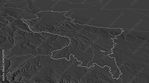 Cusco, region with its capital, zoomed and extruded on the bilevel map of Peru in the conformal Stereographic projection. Animation 3D