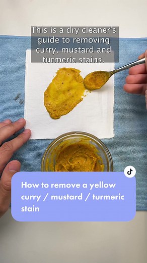 This is a dry cleaners guide to yellow curry, mustard, and turmeric stains! These can be tricky if handled wrong so I hope this lends a hand 😊 To start, you should know that curry and mustard get their distinct color from turmeric which is a deep, golden-orange spice known for adding color, flavor and nutrition to foods. Because of its ability to change almost anything a different color we have to follow the oxidizable or bleachable stain removal process. Gently scrape or rinse away any hard ph