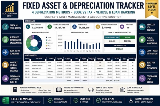 Fixed Asset Tracker & Depreciation Schedule Excel | Book Vs Tax | 4 Methods (straight Line, DDB, SYD) | Vehicle IFTA   Loan Tracker - Etsy