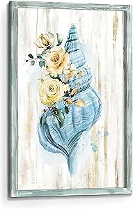 Framed Coastal Conch Wall Art: Wooden Beach Sea Life Shell Picture Painting Print Rustic Ocean Creature Artwork Decor for Bathroom Nursery Living Room Bedroom