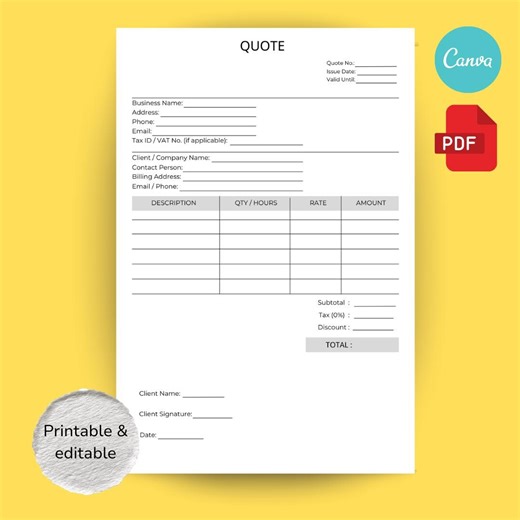 Printable Quote Template for Business - Etsy