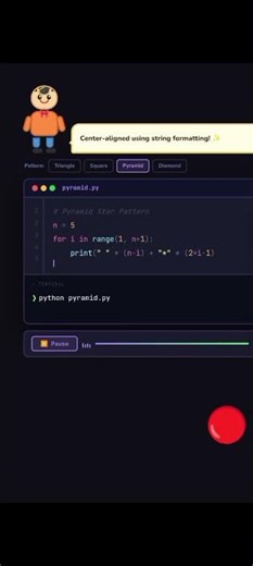 Learn code of Pyramid pattern using Python #Python#coding #programming #viral #youtubeshorts#shorts