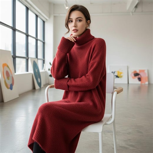 Women’s Red Turtleneck Knit Sweater Dress – Long Sleeve Wool Blend Midi Dress, Cozy Winter Dress, Minimalist Knit Dress - Etsy